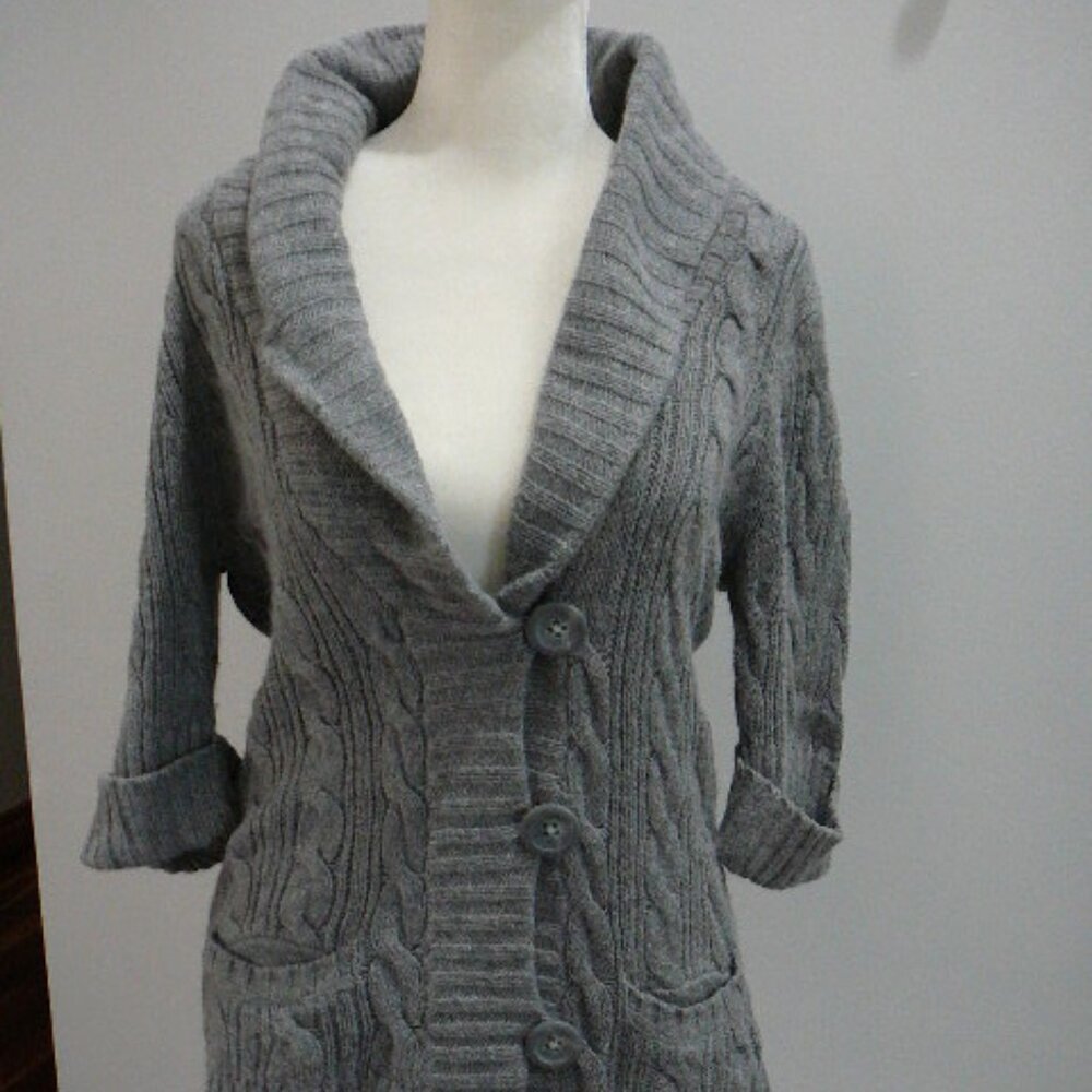 Sarsaparilla Cabled Gray 3/4 Sleeve V-Neck Cardigan Sweater w/Pockets-Size Large